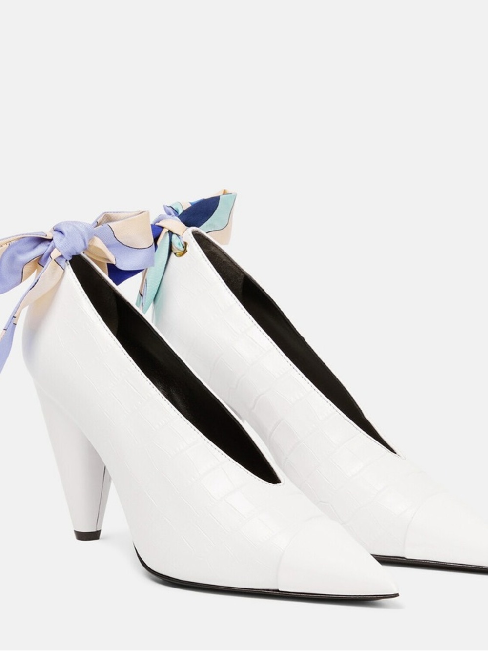 Emilio Puccini White Croc-Embossed Pointed Toe Heels with Bow